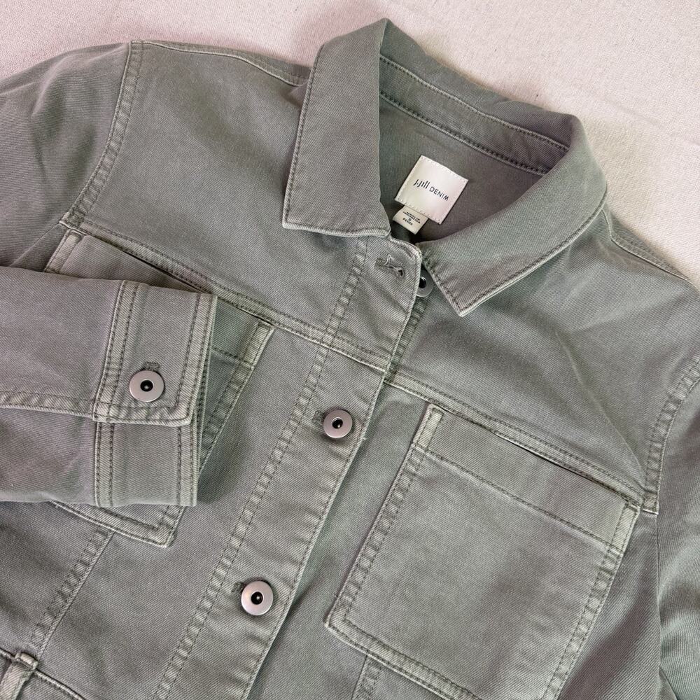 J Jill Long Denim Jacket Women's Petite S Sage Green Button Front Utility Dress
